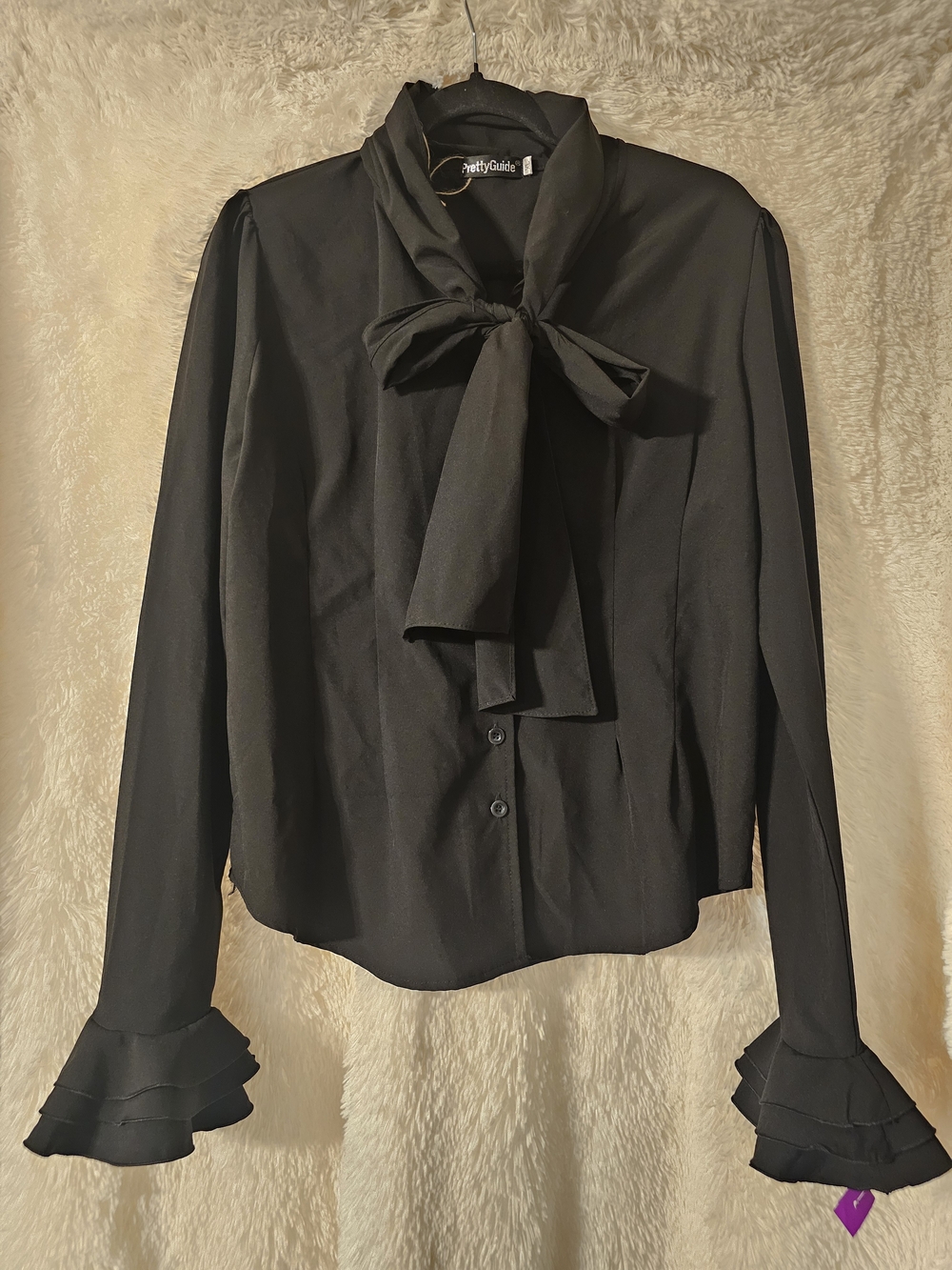 Black Bow-Tie Ruffle Cuff Button-Down Blouse